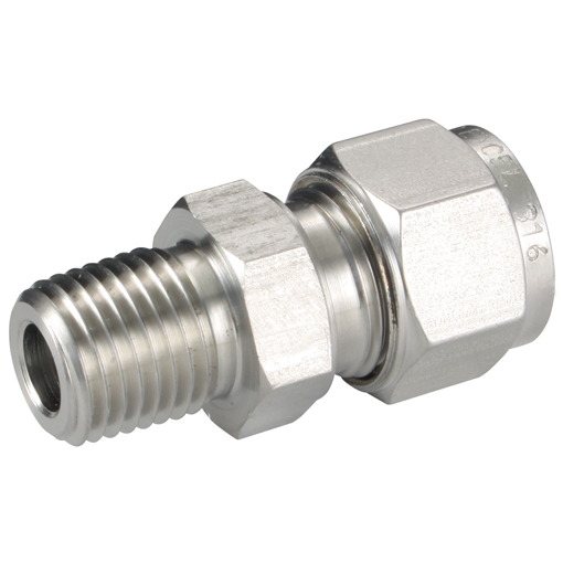 Male Connectors, Male Thread, 1/2" NPT, Tube OD 15mm 316 Stainless Steel Twin Ferrule Metric