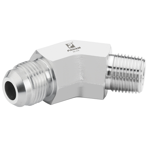 Stainless Steel Fixed Elbow, UNF Male x 45° NPT Male, UNF 9/16'' - 18 x 1/4'' NPT Stainless Steel Fixed Elbow, UNF Male x 45° NPT Male, UNF 9/16'' - 18 x 1/4'' NPT