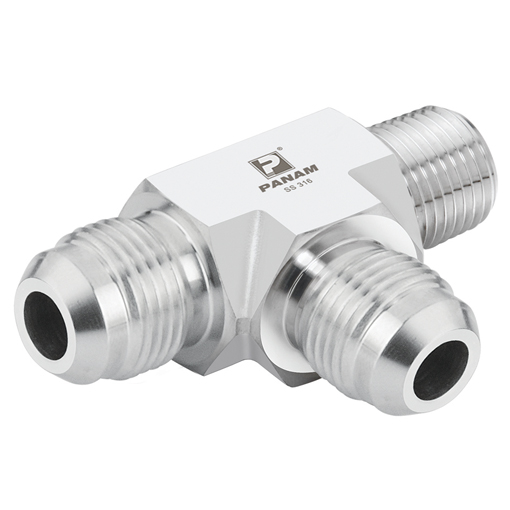Stainless Steel Fixed Tee, UNF Male x NPT Male Run, UNF 7/16'' - 20 x 1/8'' NPT Hydraulic Adaptor Stainless Steel Fixed Tee, UNF Male x NPT Male Run, UNF 7/16'' - 20 x 1/8'' NPT Hydraulic Adaptor