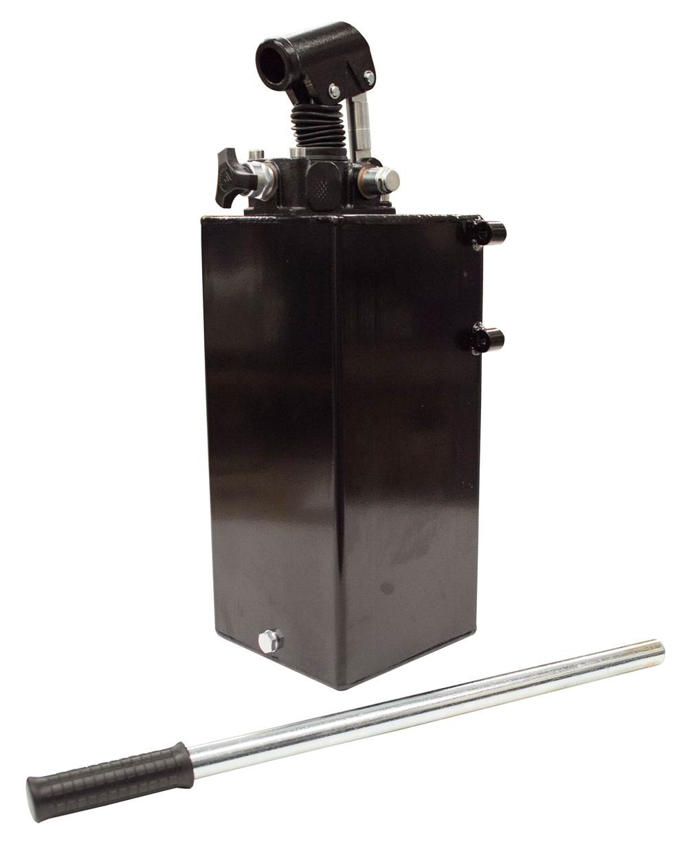 GL Hydraulic single acting Hand Pump assembly 28 cc with release knob, pressure relief valve 280 Bar rated, 10 litre steel tank and 600mm handlever