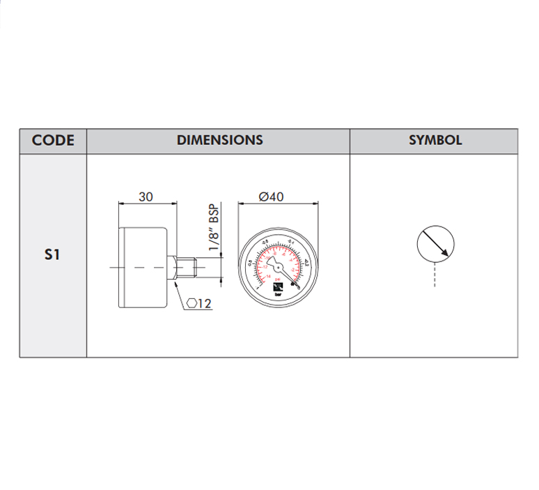 "Filtrec hydraulic clogging indicator, vacuum gauge, 1/8" BSP, 0 to 114
