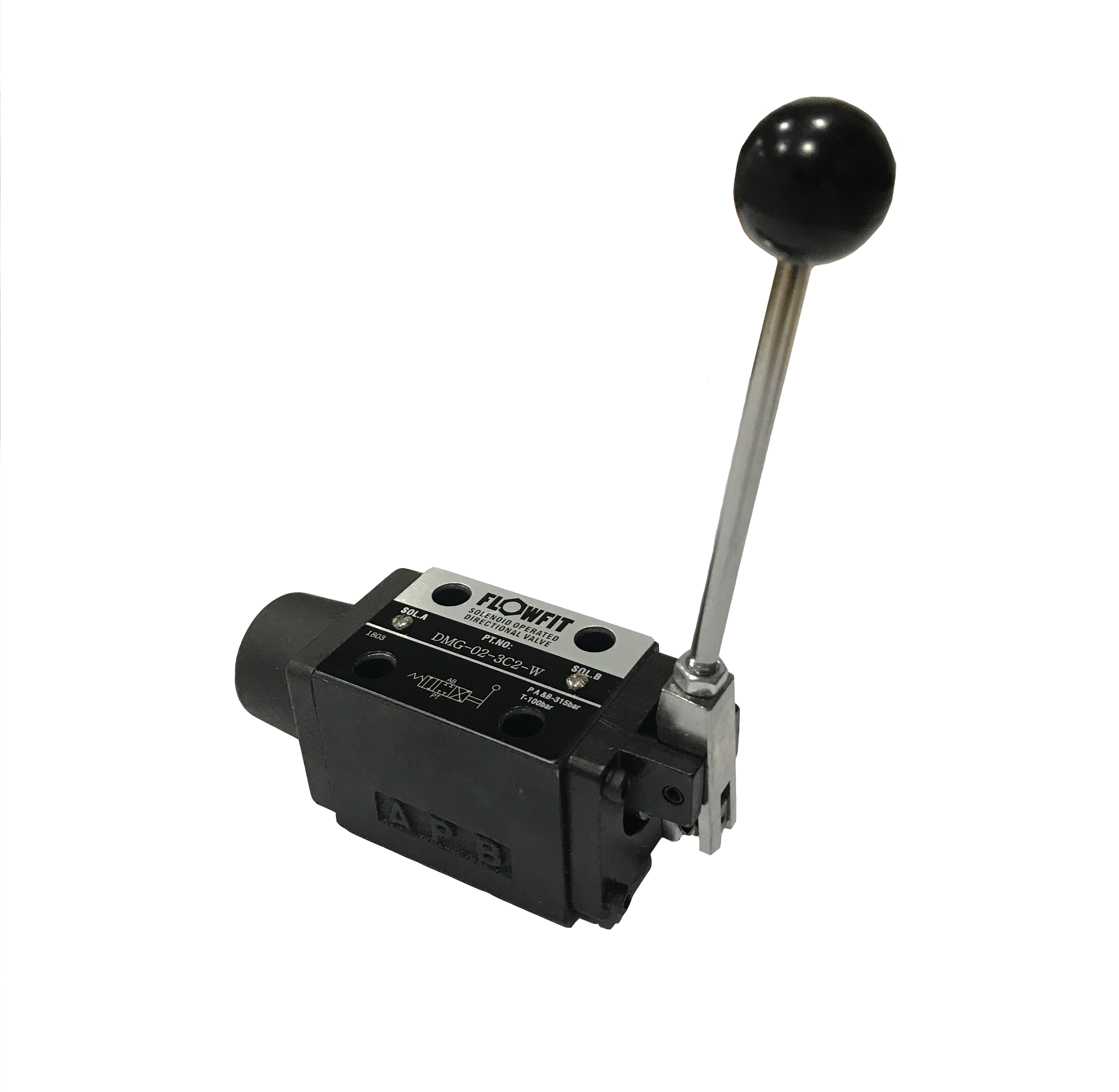 Cetop 3 Manual Operated 2 Position Control Valve, NG6, P to A Linked and T to B Linked, With Detent, Handle on A Port Side, DMG-02-2B2-O-A Closed in Transient