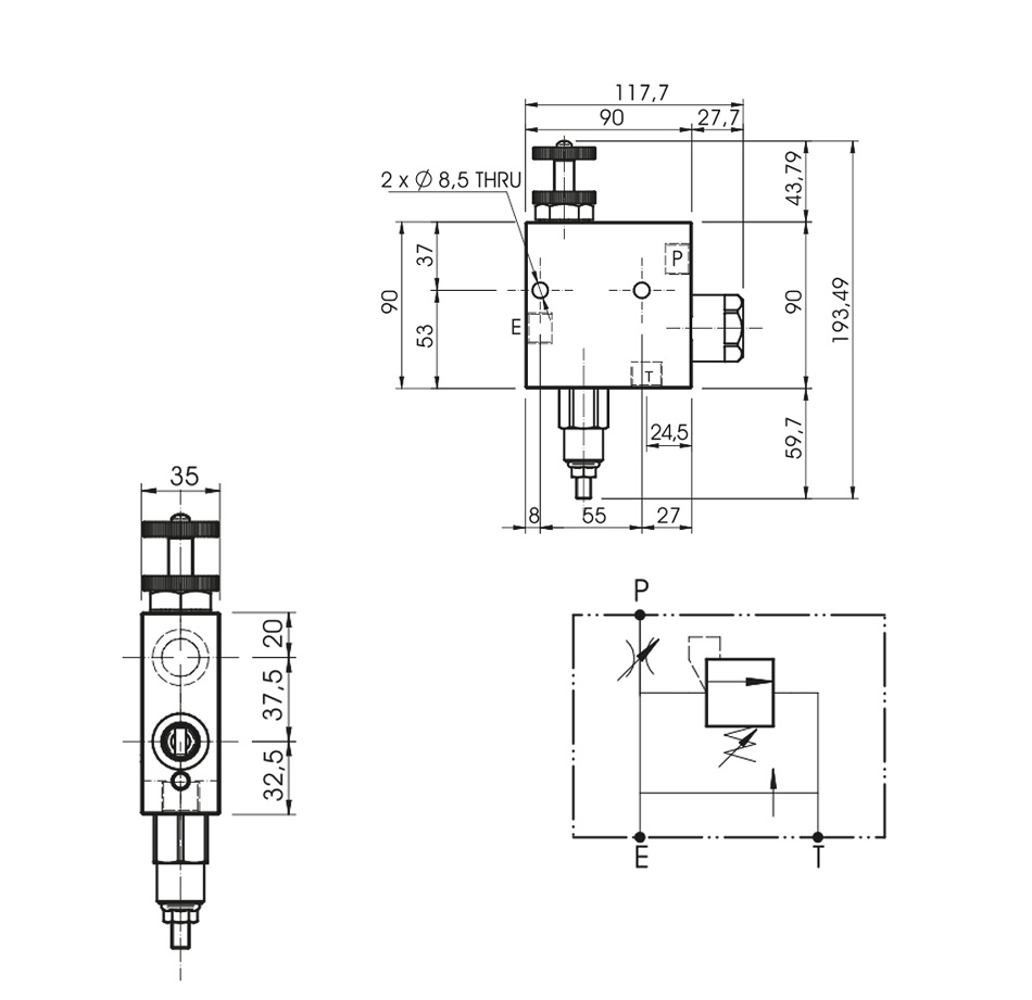 Hydraulic 3 Way Flow Control Valve With Excess to Tank And Relief Valve