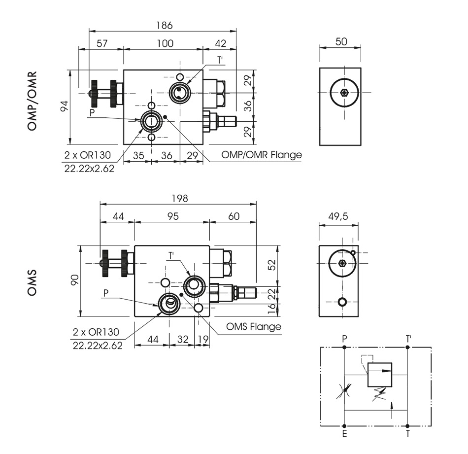 Flow Control Valve, Excess to Tank For Danfoss Motors OMP/OMR c/w Relief Valve On Priority Line, RFP3 1/2" OMP/OMR c/VMP