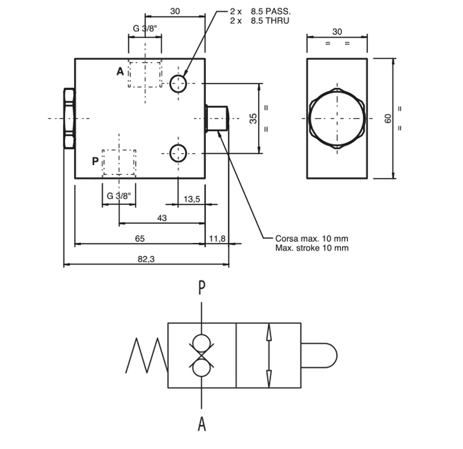 Hydraulic Double Lock Push Button End Stroke Valve, 3/8" Norm Closed, V-101 DT NC