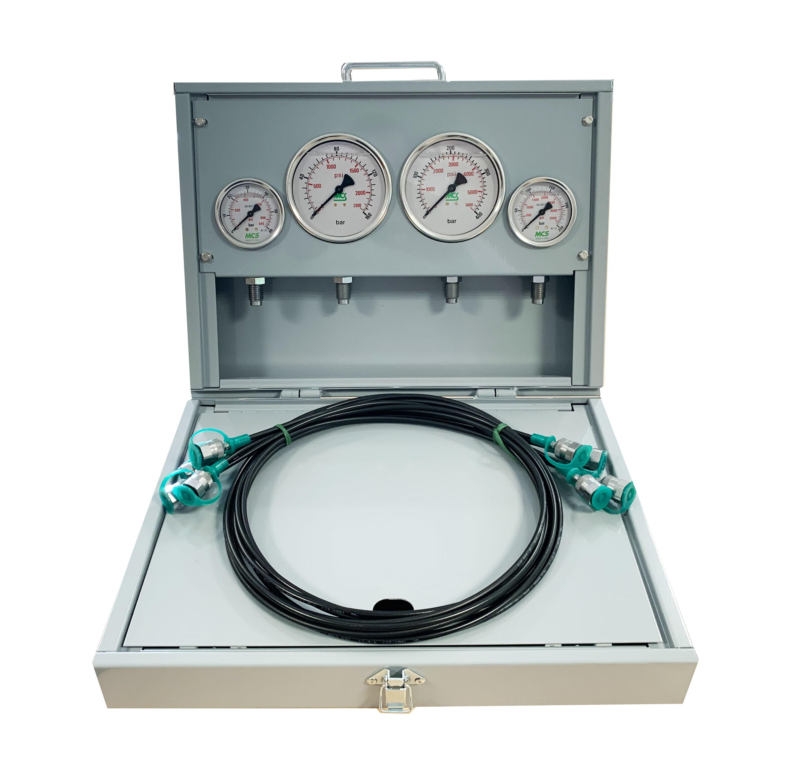 MCS Metal Pressure Test Kit, 2 X 63mm & 2 X 100mm Pressure Gauges & 4 X Micro Hose
