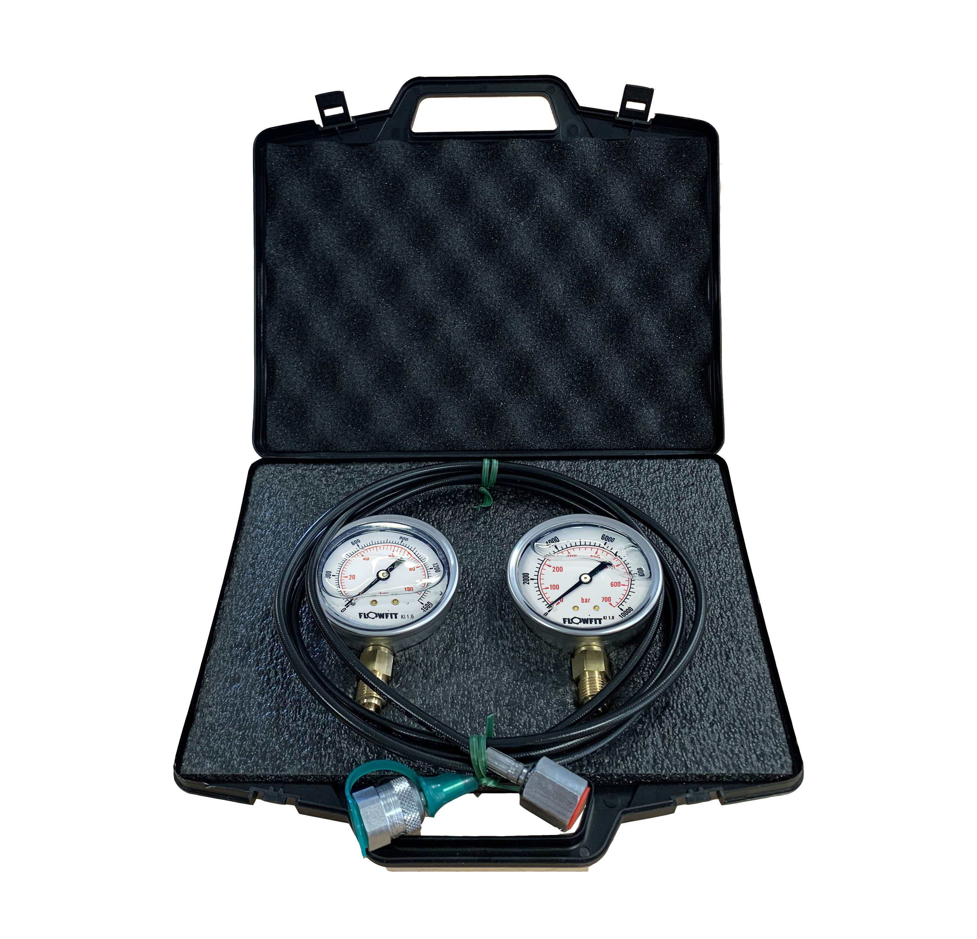 Flowfit Pressure Test Kit, 2 X 63mm Pressure Gauges & 1 X Micro Hose Flowfit Pressure Test Kit, 2 X 63mm Pressure Gauges & 1 X Micro Hose