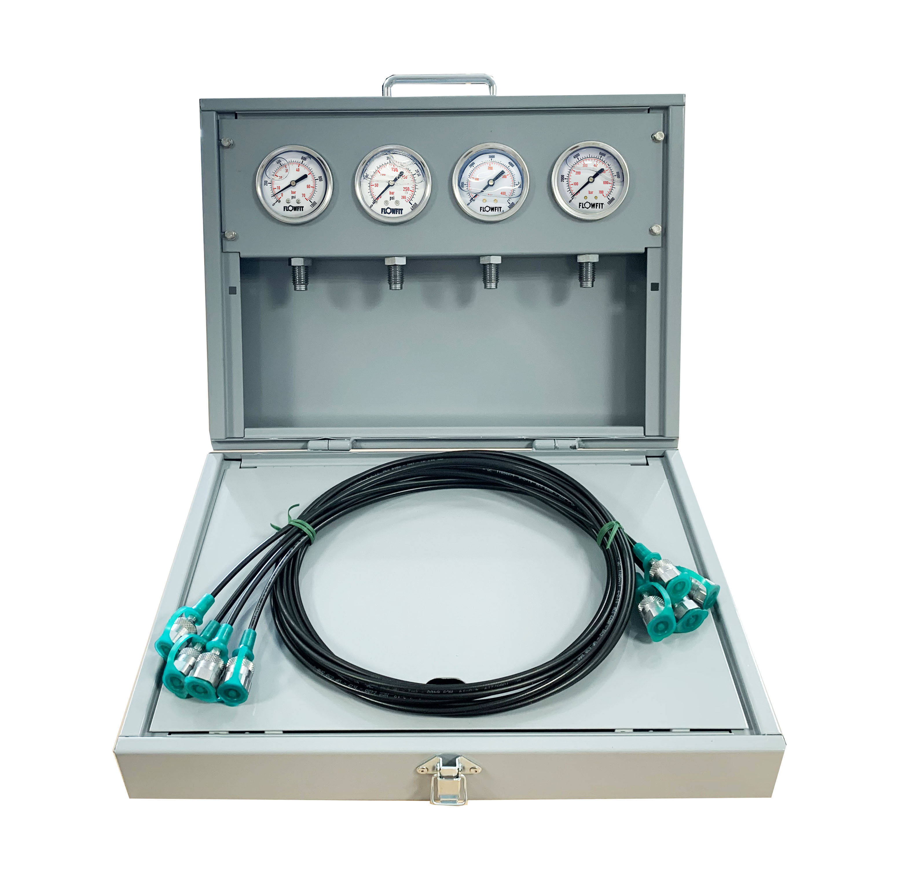 Flowfit Metal Pressure Test Kit, 4 X 63mm Pressure Gauges & 4 X Micro Hose Flowfit Metal Pressure Test Kit, 4 X 63mm Pressure Gauges & 4 X Micro Hose