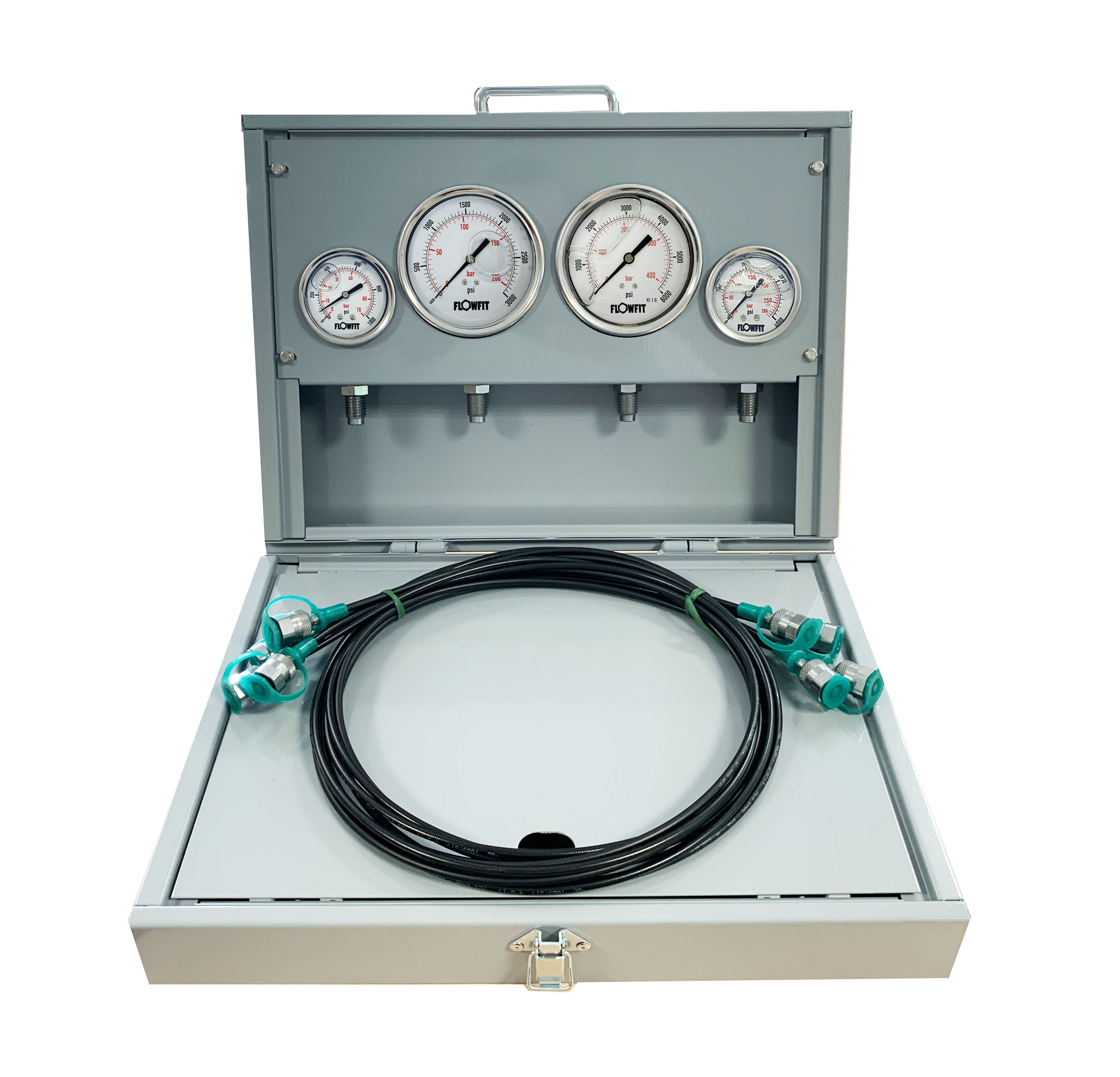 Flowfit Metal Pressure Test Kit, 2 X 63mm & 2 X 100mm Pressure Gauges & 4 X Micro Hose