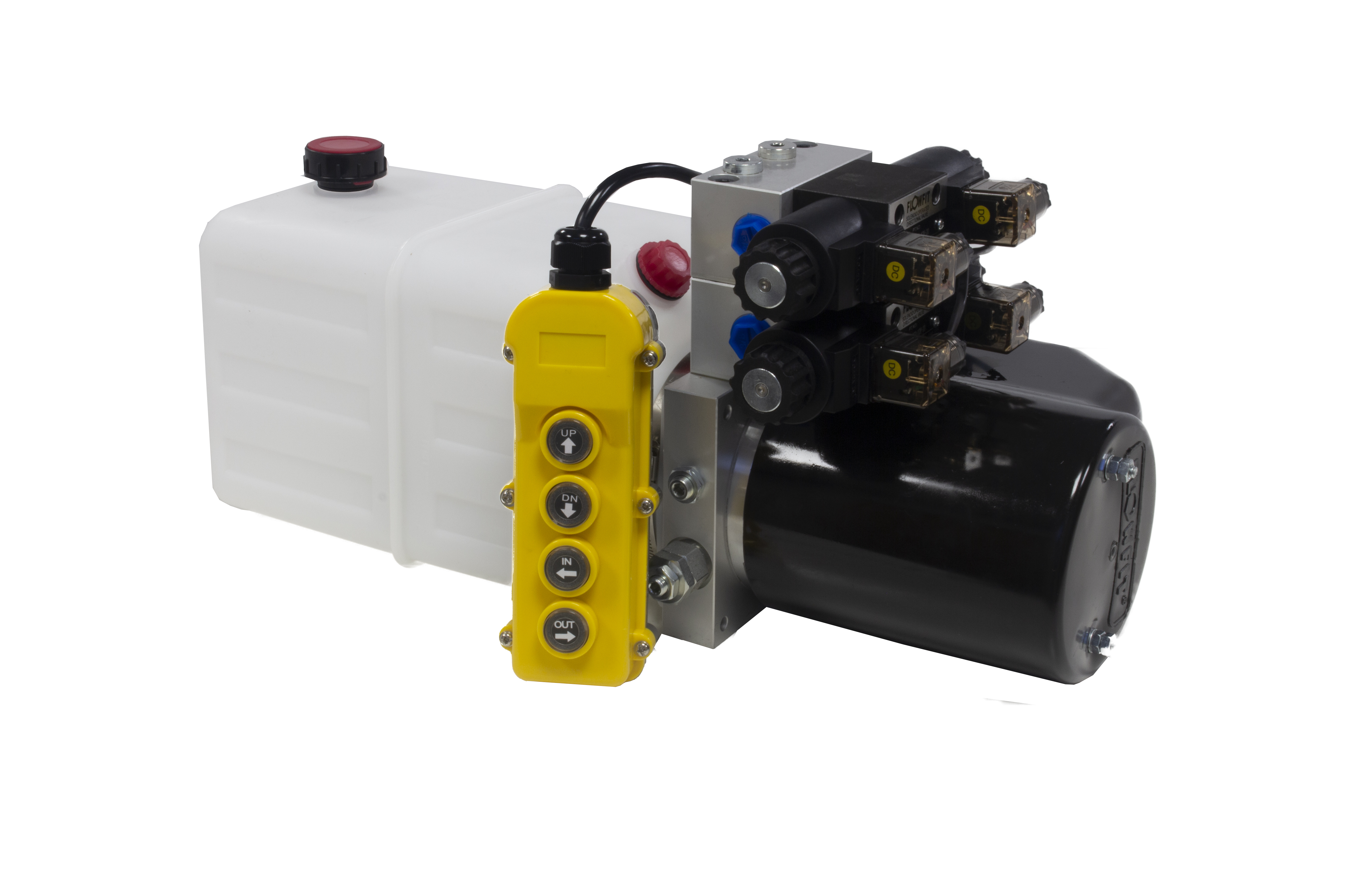 Flowfit 12V DC Double Acting, Double Solenoid Hydraulic Power pack with 7L Tank 1.6KW Flowfit 12V DC Double Acting, Double Solenoid Hydraulic Power pack with 7L Tank 1.6KW