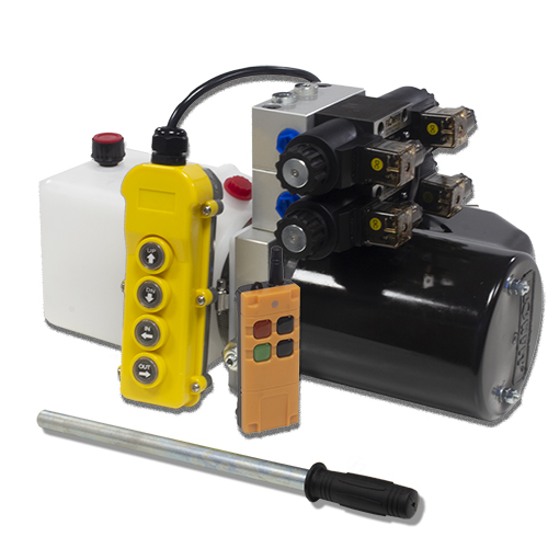 Flowfit 24V DC Double Acting, Double Solenoid Hydraulic Power pack with 2.5L Tank, Back Up Hand Pump & Wireless Remote 1.6KW