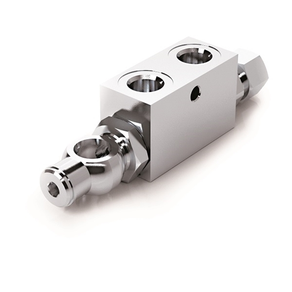 Hydraulic double pilot operated check valve with adjustable banjo union