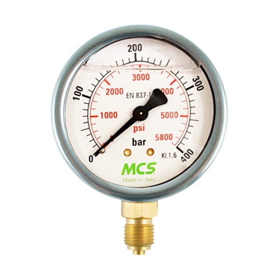 MCS 100mm High Quality Hydraulic Pressure Gauge, 0-160 Bar, 2300 PSI, 1/2"" BSP, Base Entry